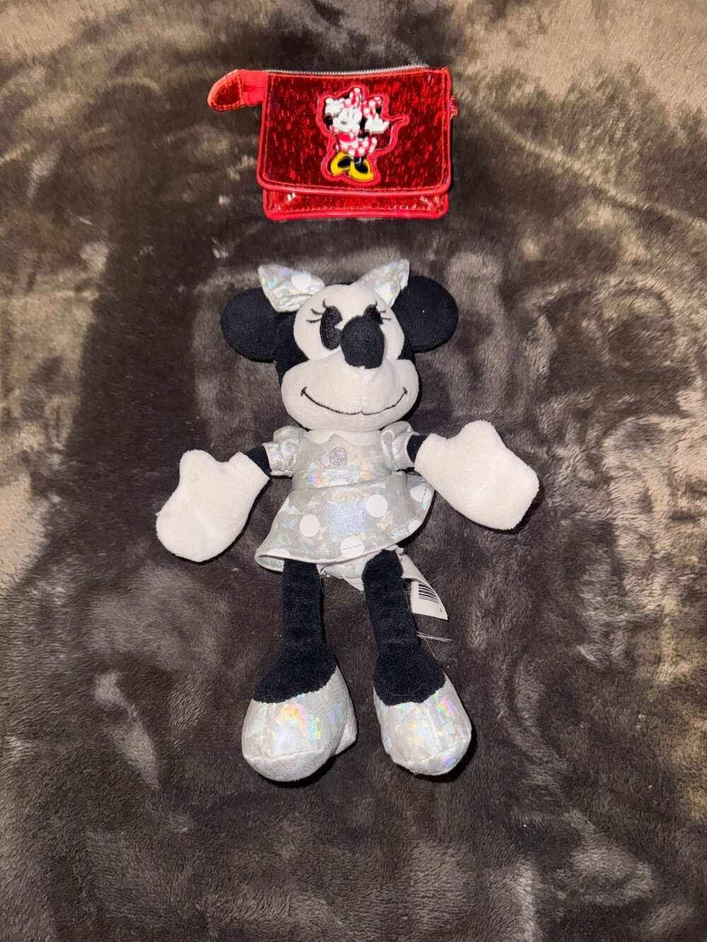 Disney Minnie Mouse Plush with Red Glitter Purse Silver Holographic Dress 100 Ye